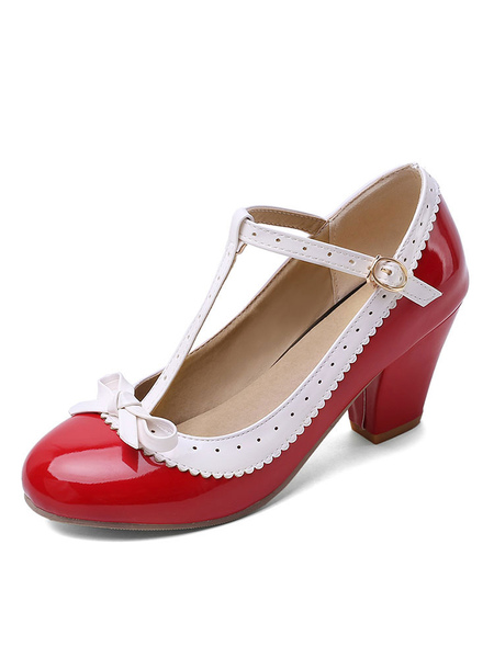 Milanoo Sweet Lolita Footwear Bow T Strap Leather Puppy Heel Lolita Pumps