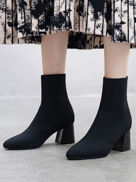 Image of Women Knit Boots Pointed Toe Flare Heel 2.6 Sock Booties