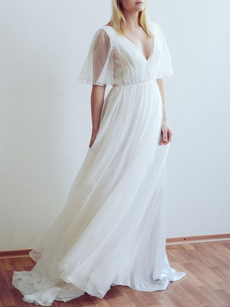 Milanoo Simple Wedding Dress V Neck Half Sleeves Pleated A Line Floor Length Bridal Dresses
