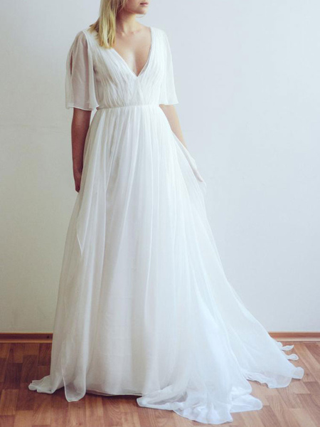 Milanoo Simple Wedding Dress V Neck Half Sleeves Pleated A Line Floor Length Bridal Dresses