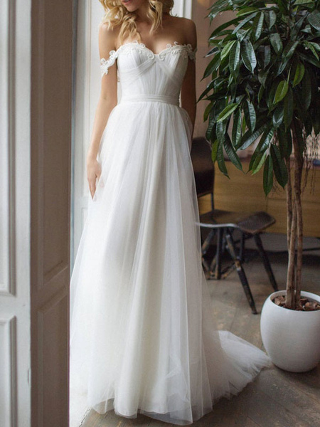 Milanoo Einfaches Brautkleid Eine Linie von der Schulter ärmellose Plissee Brautkleider mit Zug