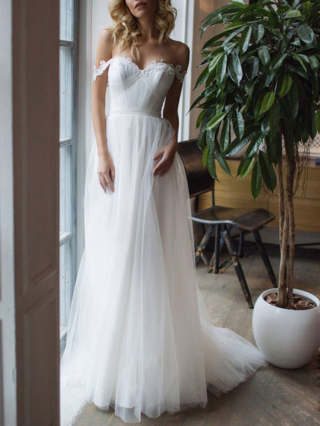 Milanoo Einfaches Brautkleid Eine Linie von der Schulter ärmellose Plissee Brautkleider mit Zug
