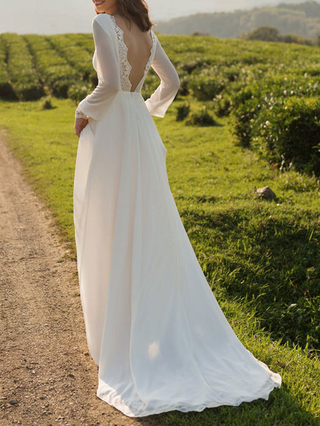 Milanoo Simple Wedding Dress Lycra Spandex Bateau Neck Long Sleeves Lace A Line Bridal Gowns