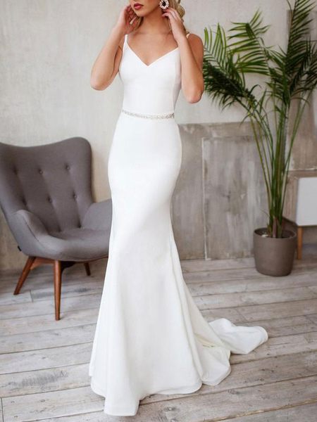 Milanoo Sexy Wedding Dress Lycra Spandex V Neck Sleeveless Strap Sash Mermaid Bridal Dresses With Tr