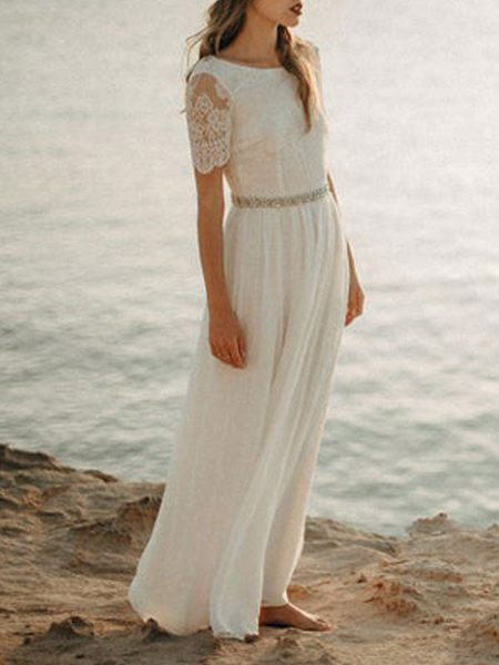 Milanoo Einfache Hochzeitskleid A Line Jewel Neck Lace Kurzarm bodenlangen Chiffon Strandhochzeit Br