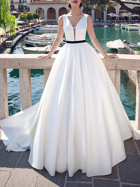 Milanoo Vintage Wedding Dresses V Neck Sleeveless Sash Satin Fabric Floor Length Princess Silhouette