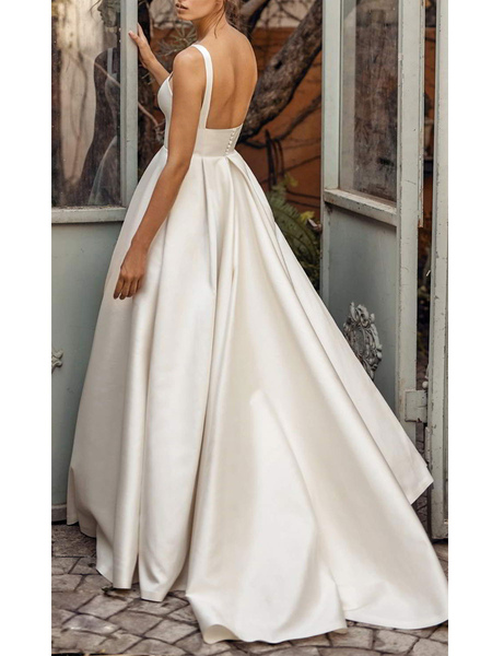 Milanoo Vintage Wedding Dresses Square Neck Sleeveless Natural Waist Satin Fabric Court Train Sash B