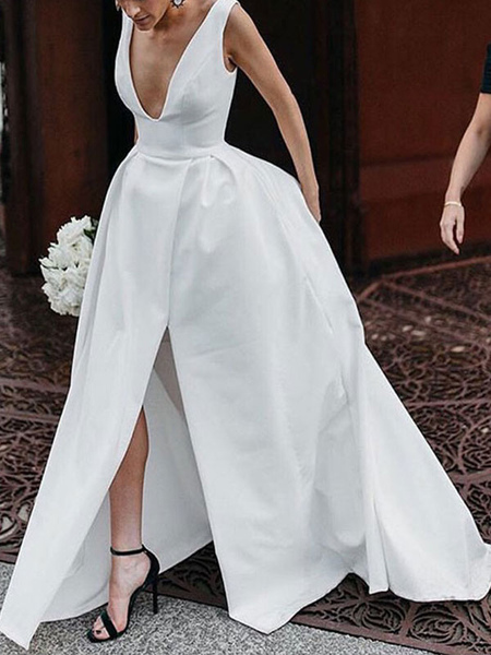 Milanoo Vintage Wedding Dresses V Neck Sleeveless Natural Waist Satin Fabric Pleated Bridal Gowns Wi