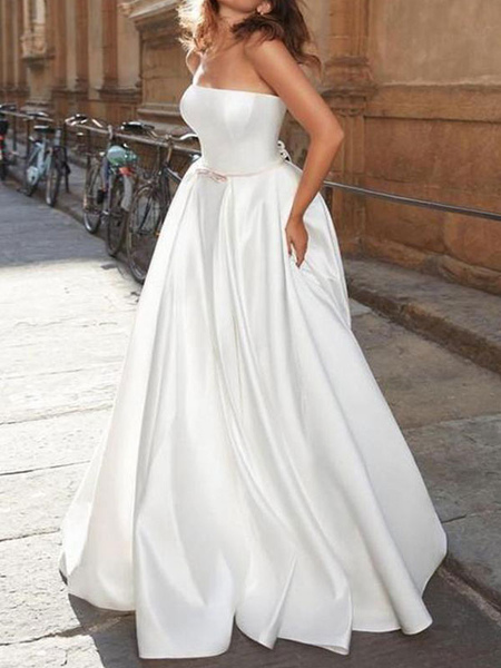 Milanoo Vintage Wedding Dress Strapless Sleeveless Natural Waist Satin Fabric Floor Length Bows Trad