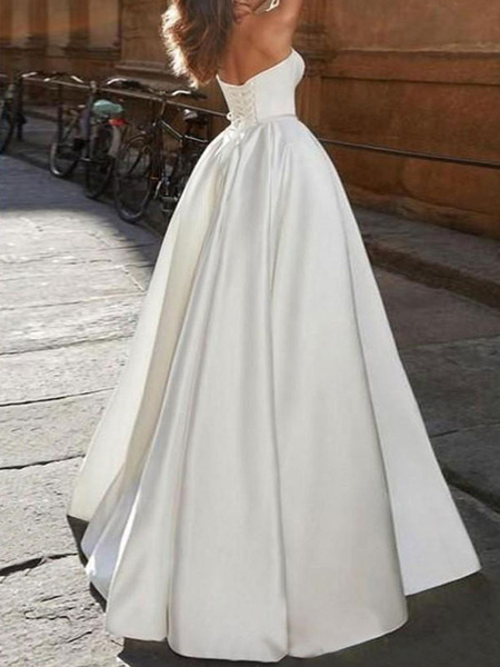 Milanoo Robe mariée vintage en satin jupe plissée laçage sur dos longueur au sol Robe de mariage