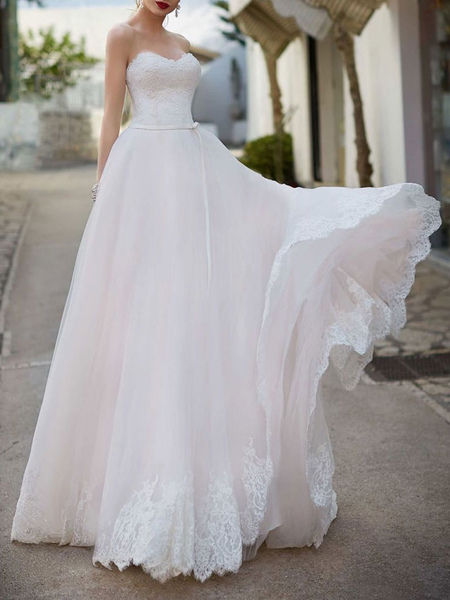 Milanoo Wedding Dress Sweetheart Neck Sleeveless Floor Length Lace Bridal Gowns With Train