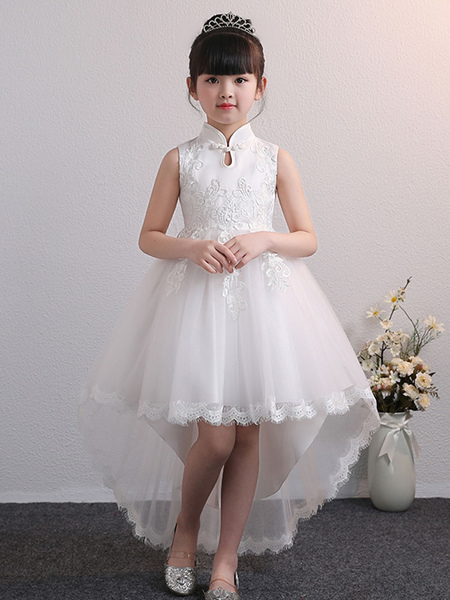 Milanoo Flower Girl Dresses Designed Neckline Tulle Sleeveless Knee Length High Low Princess Silhoue