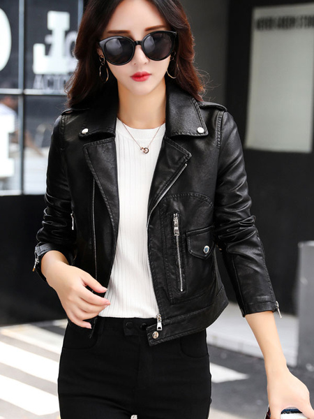 Image of Women Moto Jacket Long Sleeve Turndown Collar PU Leather Zipper Biker Jacket