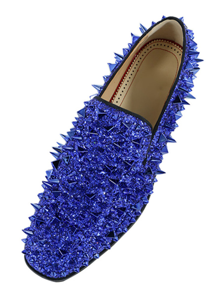 Milanoo Mens Spike Loafers shoes Glitter Blue Round Toe Prom Shoes