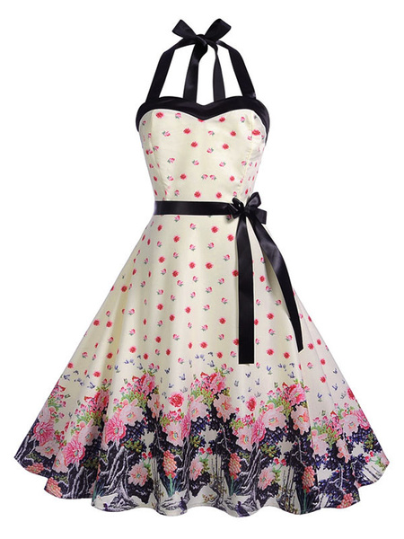 Image of Floral Vintage Dress 1950s Pin Up Rockabilly Halter Sleeveless Bow Sash Retro Swing Dress