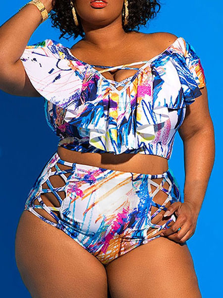 Image of Plus Size Swimwear Women V Neck Ruffles Strappy Printed High Waisted Bikini