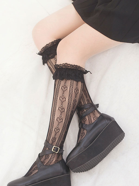 Image of Nero Lolita Stocking Bows Ruffles Lace Socks Accessori Lolita in cotone