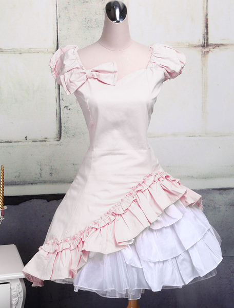 Image of Vestito multistrato da Lolita roso dolce in cotone con maniche corte e collo squadrato
