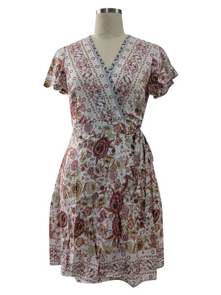 Floral Summer Dresses V Neck Short Sleeve Shaping Mini Dress