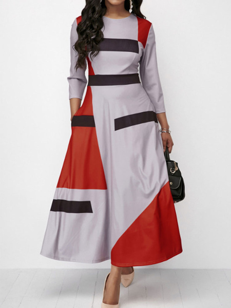 Image of Plus Size Maxi Dress Color Block Sleeved Oversized Long Dress