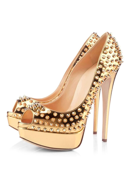 Milanoo Sexy High Heels Gold Platform Peep Toe Rivets Stiletto Heel Pumps Spike Shoes For Women