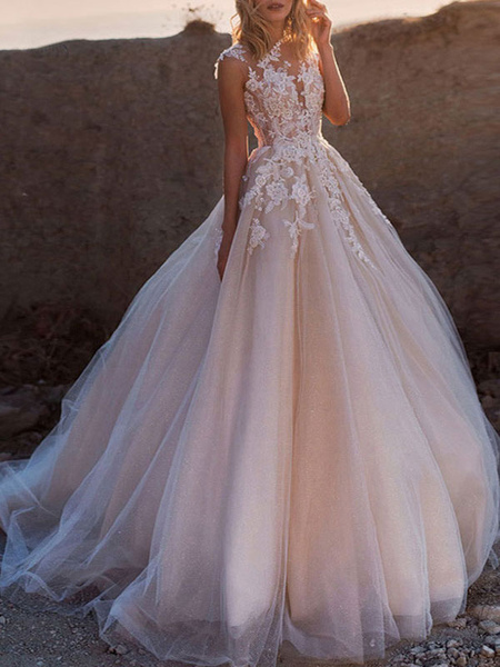 Milanoo Wedding Dresses 2021 Princess Silhouette Jewel Neck Sleeveless Natural Waist Lace Soft Pink