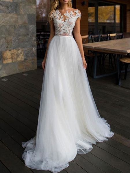 Milanoo wedding dresses 2021 illusion neck short sleeve floor length lace soft tulle beach bridal go