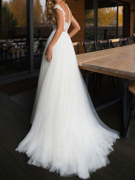 Milanoo wedding dresses 2021 illusion neck short sleeve floor length lace soft tulle beach bridal go