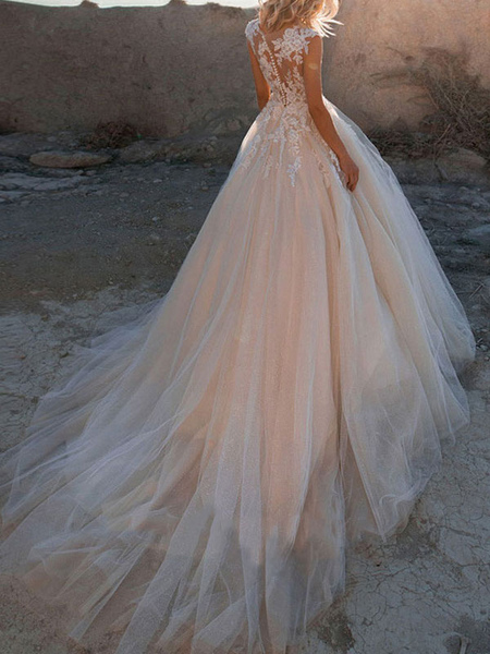 Milanoo Wedding Dresses 2021 Princess Silhouette Jewel Neck Sleeveless Natural Waist Lace Soft Pink