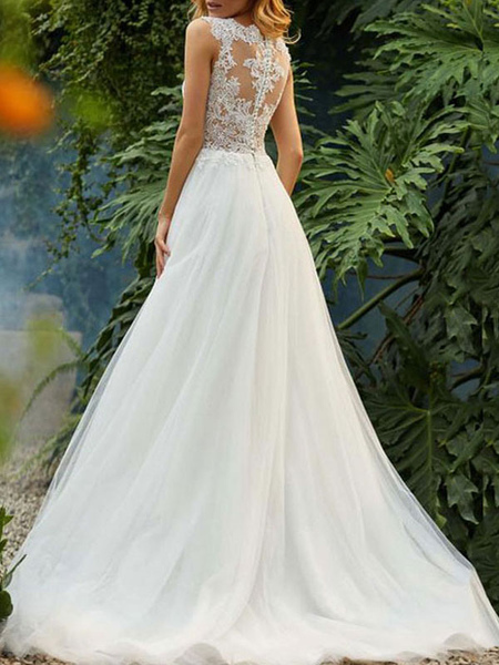 Milanoo wedding dresses 2021 a line illusion neck sleeveless floor length lace beaded tulle boho bri