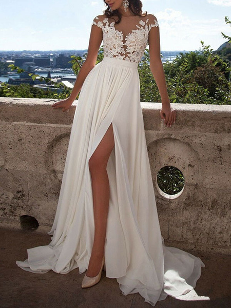 Milanoo Boho Wedding Dress 2021 A Line V Neck Sleeveless Split Lace Appliqued Beach Bridal Gowns Wit