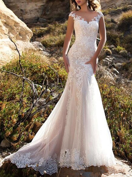 Milanoo Brautkleid 2021 V-Ausschnitt Meerjungfrau ärmellose Spitze Verschönerung klassische Brautkle