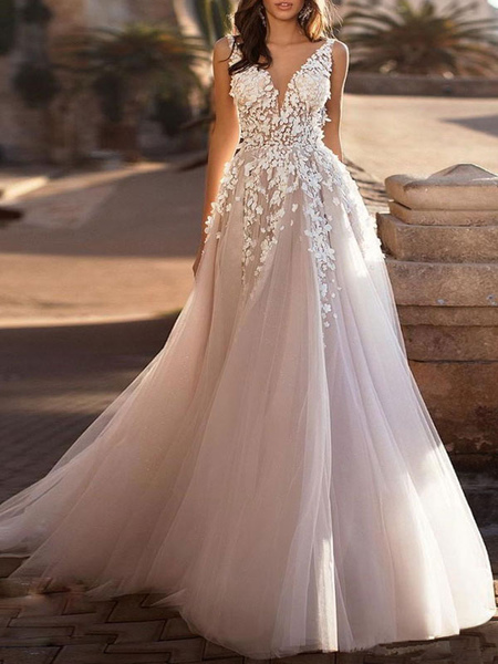 Image of wedding dresses 2020 tulle deep v neck a line sleeveless multilayer tulle lace applique classic bridal gowns with train