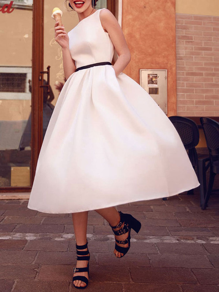 Milanoo vintage wedding dresses 2021 bateau neck sleeveless color stitch the waist sash tea length b