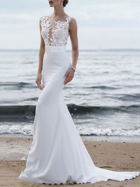 Milanoo Wedding Dress 2021 Jewel Neck Sleeveless Mermaid Beach Wedding Bridal Gowns With Sweep Train