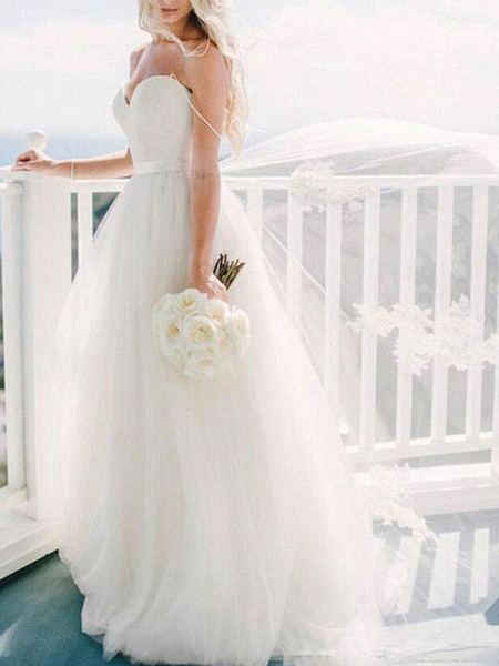 Milanoo Wedding Dress 2021 Ball Gown Sweetheart Neck Sleeveless Natural Waist Sash Tulle Bridal Dres