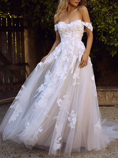 Milanoo wedding dresses 2021 a line off the shoulder short sleeve lace flora appliqued tulle bridal