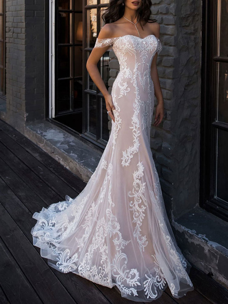 Milanoo boho wedding dresses 2021 mermaid off the shoulder customized lace short sleeve floor length