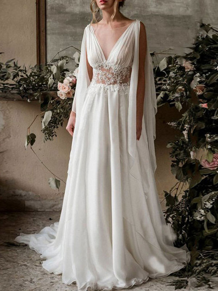 Milanoo Boho Brautkleider Chiffon A-Linie- Brautkleider Weiß mit Schleppe Hochzeit natürliche Taille