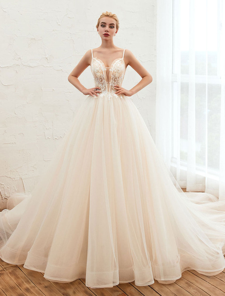 Milanoo Wedding Dress 2021 A Line V Neck Sleeveless Natural Waist With Train Tulle Bridal Gowns