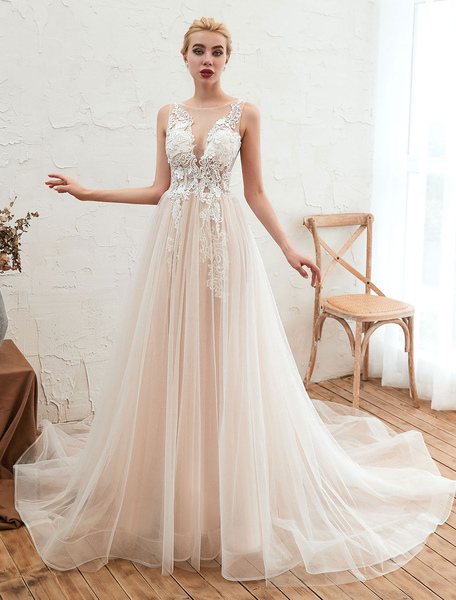 Milanoo Wedding Dress 2021 V Neck Sleeveless A Line Tulle Bridal Gowns With Train