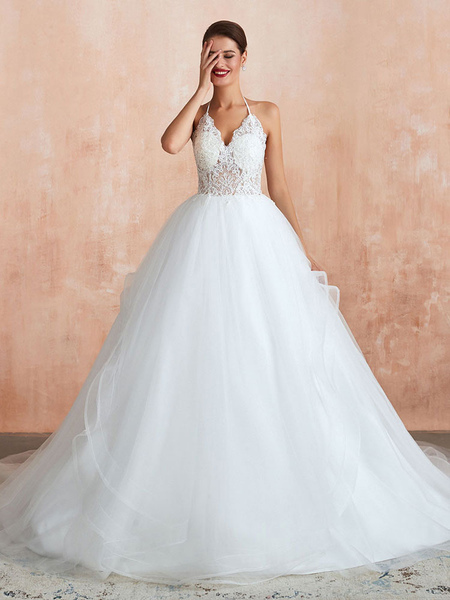 Milanoo Wedding Dress 2021 Ball Gown Halter Sleeveless Floor Length Lace Tulle Bridal Gowns With Tra