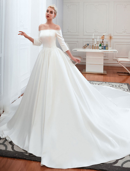 Milanoo Vintage Wedding Dress 2021 Satin 3/4 Sleeve Off The Shoulder Floor Length Bridal Gowns With