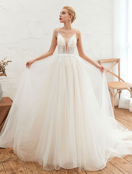Milanoo Hochzeitskleid 2021 A Line Straps V-Ausschnitt Spitze appliziert Tüll bodenlangen Brautkleid