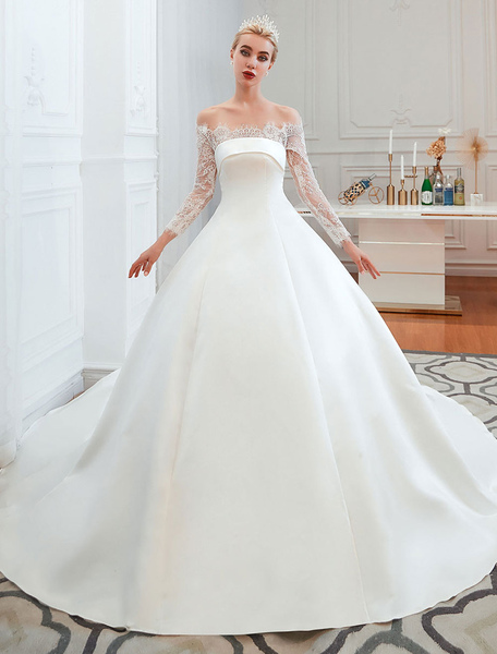 Milanoo Vintage Wedding Dress 2021 Off The Shoulder Long Sleeve Princess Satin Floor Length Bridal G