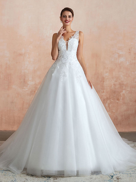 Milanoo Wedding Dress 2021 V Neck Princess Sleeveless Floor Length Tulle Bridal Gown With Train