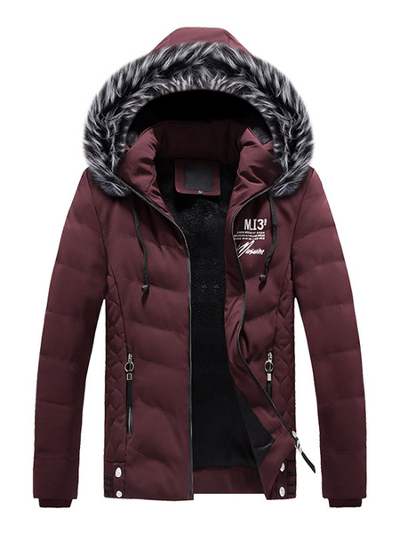 Image of Men Parka Coat Furry Hood Print Zipper Decor Cotton Fill Casual Winter Padded Overcoat