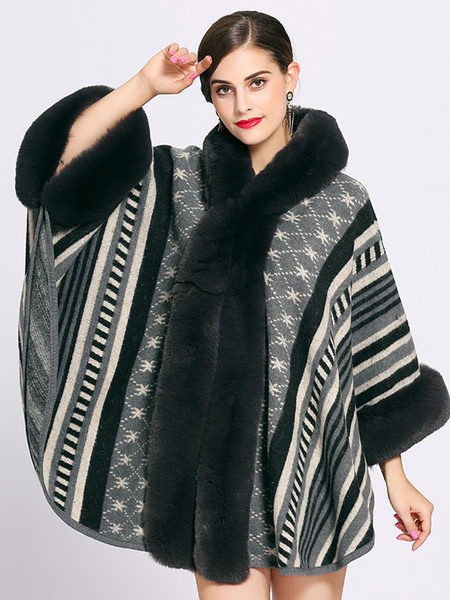 Image of Women Poncho Color Block Hooded Black Poncho Oversized Cape