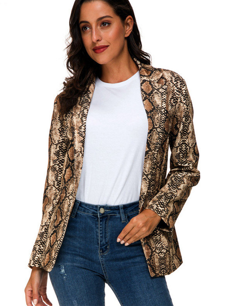 Image of Longline Blazer Jacket Snake Print Turndown Collar Long Sleeves Casual Jacket