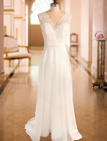 Milanoo Simple Wedding Dress A Line Lace V Neck Sleeveless Bows Bridal Dresses With Chapel Train